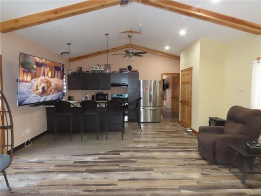Interior, Kitchen, Pendant Lights, Recessed Lighting, Stainless Steel Appliances, Wooden Beams, Wood Texture Flooring