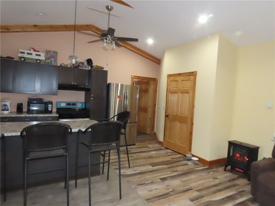 Interior, Kitchen, Pendant Lights, Recessed Lighting, Stainless Steel Appliances, Wooden Beams, Wood Texture Flooring