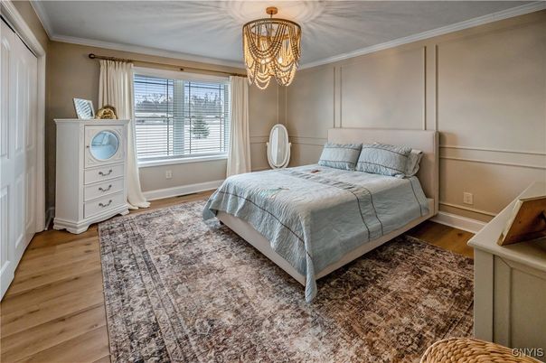 Bedroom, Chandelier, Interior, Wood Texture Flooring