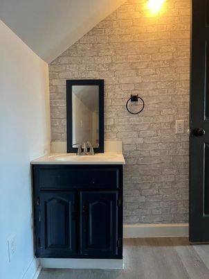 Bathroom, Interior, Stone Walls, Wood Texture Flooring
