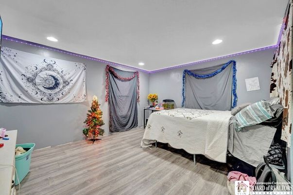 Bedroom, Interior, Recessed Lighting, Wood Texture Flooring