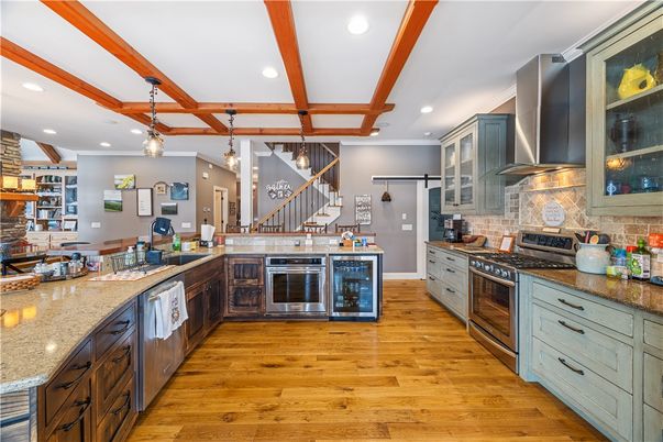 Interior, Kitchen, Pendant Lights, Recessed Lighting, Stainless Steel Appliances, Wooden Beams, Wood Texture Flooring