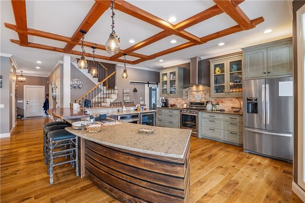 Interior, Kitchen, Pendant Lights, Recessed Lighting, Stainless Steel Appliances, Wooden Beams, Wood Texture Flooring