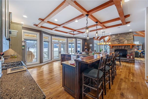 Fireplace, Interior, Kitchen, Pendant Lights, Recessed Lighting, Stone Walls, Wooden Beams, Wood Texture Flooring