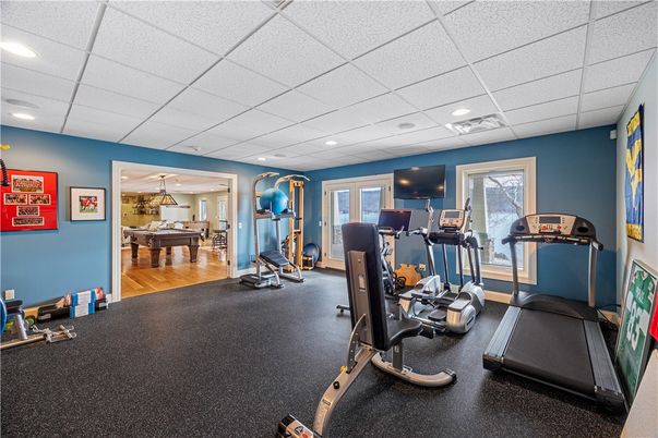 Fitness Equipment, Gym, Interior, Recessed Lighting, Wood Texture Flooring