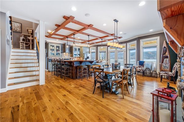 Chandelier, Dining room, Interior, Kitchen, Pendant Lights, Recessed Lighting, Wooden Beams, Wood Texture Flooring