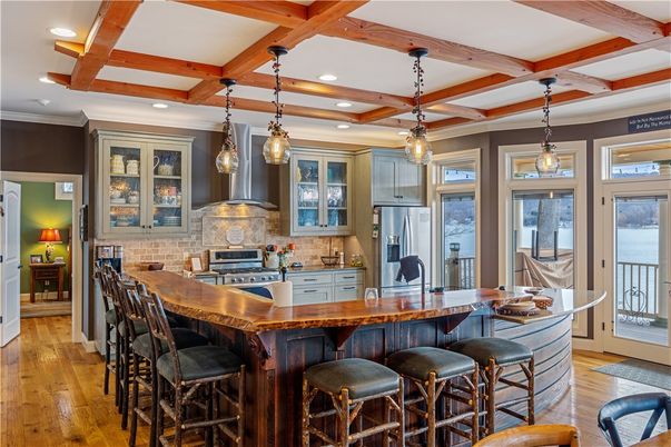 Interior, Kitchen, Pendant Lights, Recessed Lighting, Stainless Steel Appliances, Wooden Beams, Wood Texture Flooring