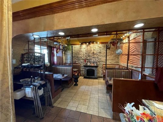 Fireplace, Interior, Recessed Lighting, Stone Walls