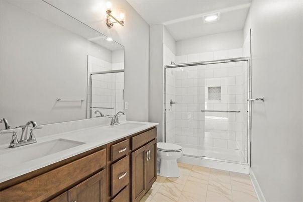 Bathroom, Dual Sink Vanities, Glass Shower, Interior, Marble, Recessed Lighting
