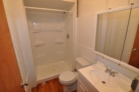 Bathroom, Glass Shower, Interior, Wood Texture Flooring