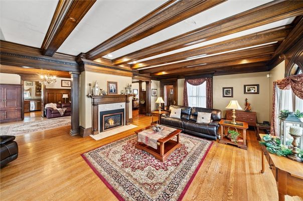 Chandelier, Fireplace, Interior, Living room, Recessed Lighting, Wooden Beams, Wood Texture Flooring
