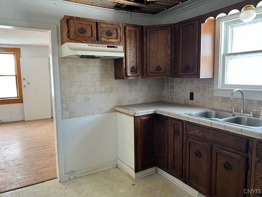 Interior, Kitchen, Tile Countertops, Wood Texture Flooring