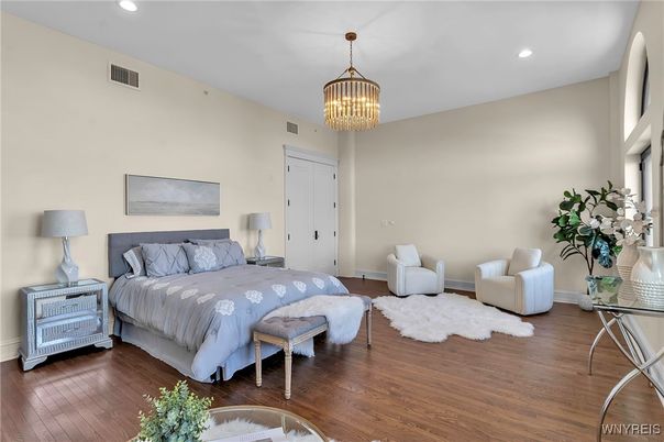 Bedroom, Chandelier, Interior, Recessed Lighting, Wood Texture Flooring