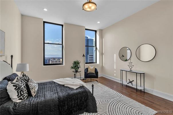 Bedroom, Interior, Recessed Lighting, Wood Texture Flooring
