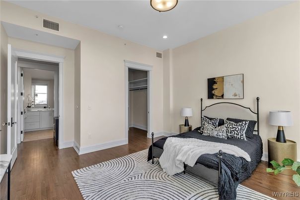 Bedroom, Interior, Recessed Lighting, Wood Texture Flooring
