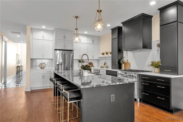 Interior, Kitchen, Pendant Lights, Recessed Lighting, Stainless Steel Appliances, Wood Texture Flooring