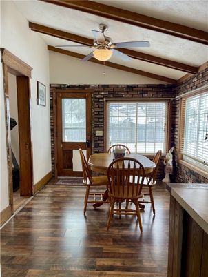 Dining room, Interior, Stone Walls, Wooden Beams, Wood Texture Flooring