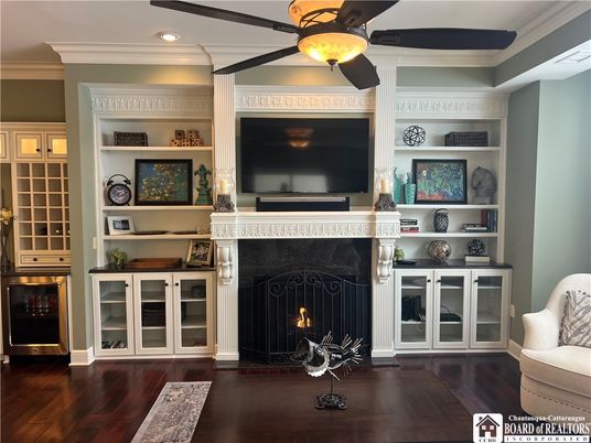 Fireplace, Interior, Recessed Lighting, Wood Texture Flooring