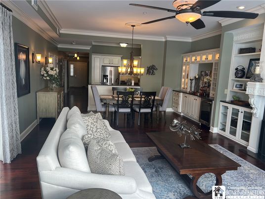 Chandelier, Dining room, Interior, Kitchen, Living room, Recessed Lighting, Stainless Steel Appliances, Wood Texture Flooring