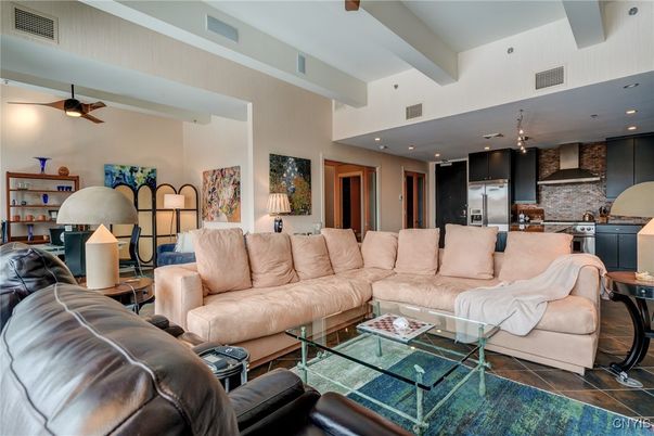 Interior, Kitchen, Living room, Recessed Lighting, Stainless Steel Appliances, Stone Walls