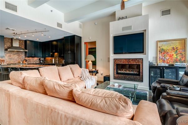 Fireplace, Interior, Kitchen, Living room, Recessed Lighting, Stone Walls