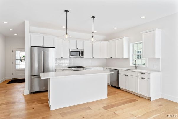Interior, Kitchen, Pendant Lights, Recessed Lighting, Stainless Steel Appliances, Wood Texture Flooring