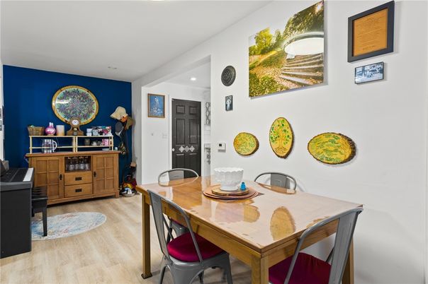 Dining room, Interior, Recessed Lighting, Wood Texture Flooring