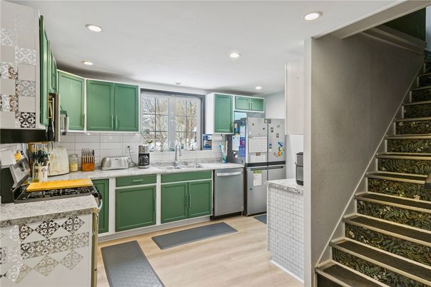 Interior, Kitchen, Recessed Lighting, Stainless Steel Appliances, Wood Texture Flooring