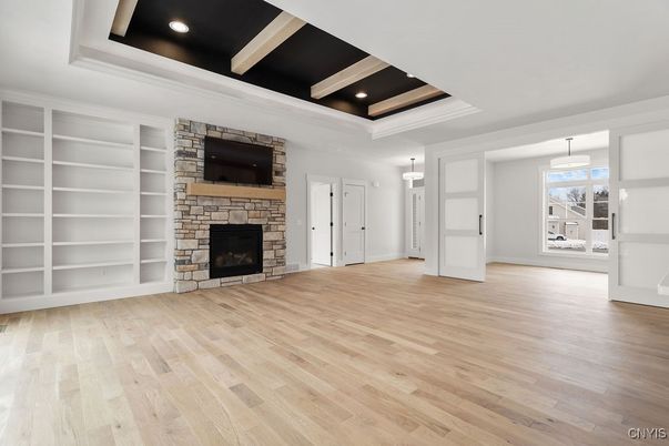 Empty room, Fireplace, Interior, Pendant Lights, Recessed Lighting, Wood Texture Flooring