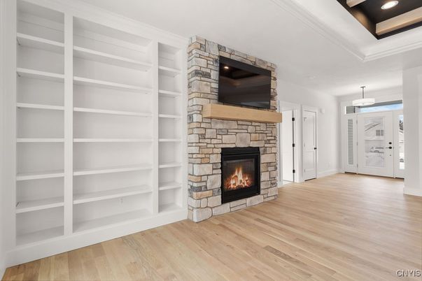 Fireplace, Interior, Pendant Lights, Recessed Lighting, Wood Texture Flooring