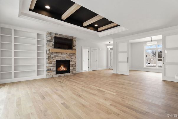 Empty room, Fireplace, Interior, Pendant Lights, Recessed Lighting, Wood Texture Flooring