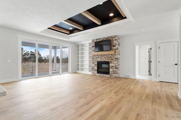 Empty room, Fireplace, Interior, Recessed Lighting, Wood Texture Flooring