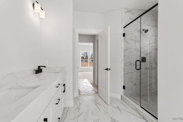 Bathroom, Dual Sink Vanities, Glass Shower, Interior, Marble, Marble Walls