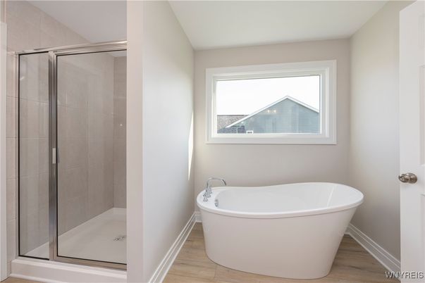 Bathroom, Free Standing Baths, Glass Shower, Interior, Wood Texture Flooring