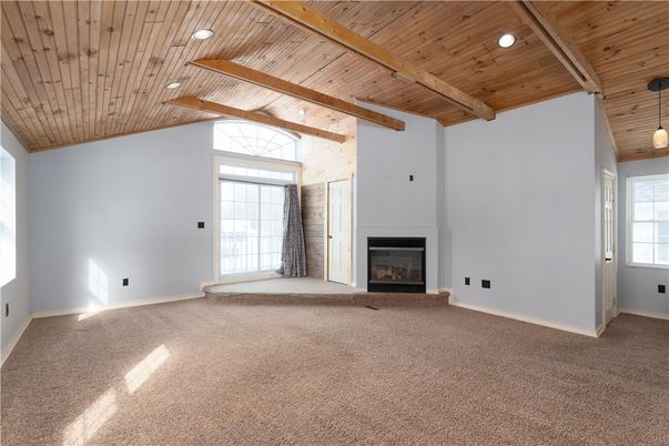Empty room, Fireplace, Interior, Pendant Lights, Recessed Lighting, Wooden Beams, Wooden Ceilings