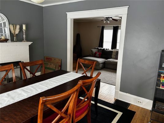 Dining room, Fireplace, Interior, Living room, Wood Texture Flooring