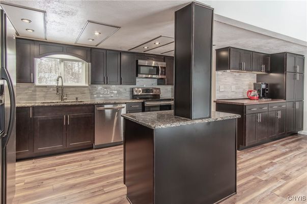 Interior, Kitchen, Recessed Lighting, Stainless Steel Appliances, Wood Texture Flooring