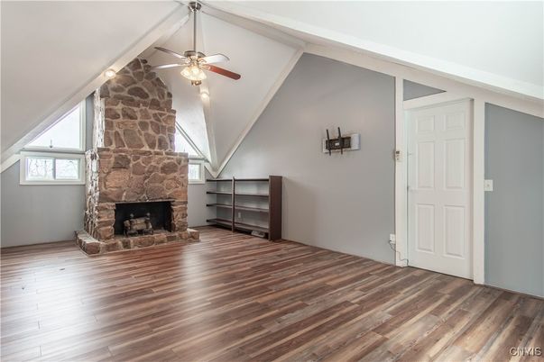 Empty room, Fireplace, Interior, Stone Walls, Wood Texture Flooring