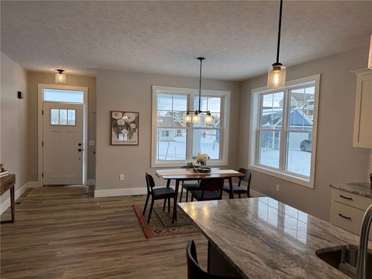 Dining room, Interior, Pendant Lights, Wood Texture Flooring
