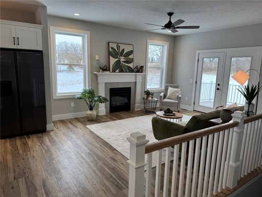 Fireplace, Interior, Living room, Recessed Lighting, Wood Texture Flooring