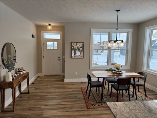Dining room, Interior, Pendant Lights, Wood Texture Flooring