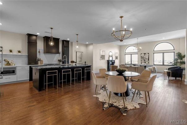 Chandelier, Dining room, Interior, Kitchen, Living room, Pendant Lights, Recessed Lighting, Wood Texture Flooring