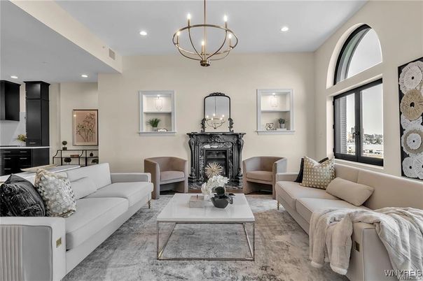 Chandelier, Fireplace, Interior, Living room, Recessed Lighting