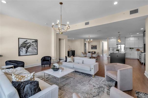 Chandelier, Dining room, Interior, Kitchen, Living room, Pendant Lights, Recessed Lighting, Wood Texture Flooring