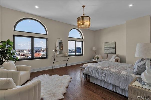 Bedroom, Chandelier, Interior, Recessed Lighting, Wood Texture Flooring