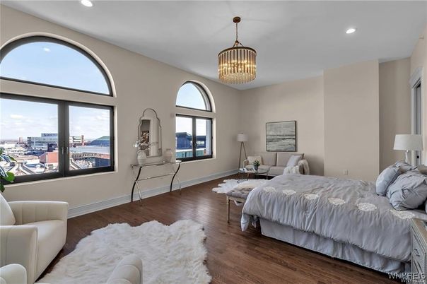 Bedroom, Chandelier, Interior, Recessed Lighting, Wood Texture Flooring