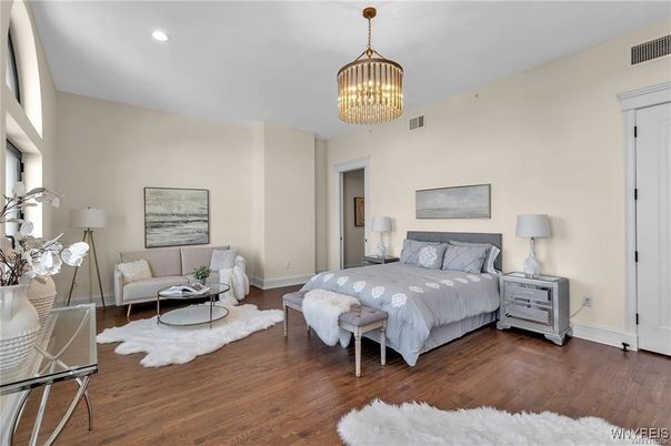 Bedroom, Chandelier, Interior, Recessed Lighting, Wood Texture Flooring