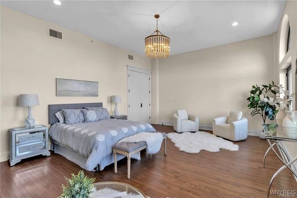 Bedroom, Chandelier, Interior, Recessed Lighting, Wood Texture Flooring