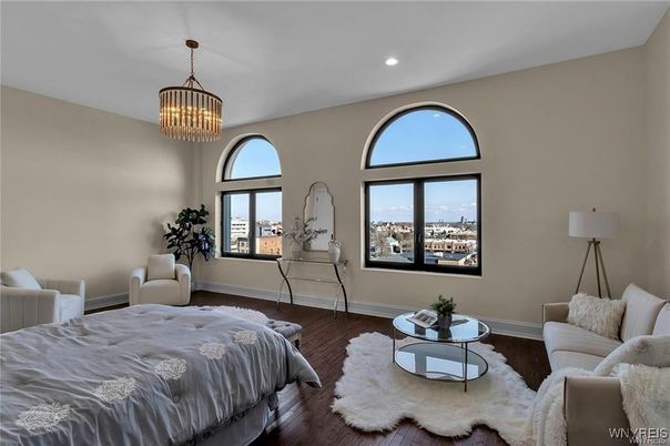 Bedroom, Chandelier, Interior, Recessed Lighting, Wood Texture Flooring