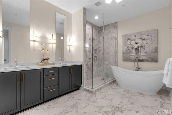 Bathroom, Dual Sink Vanities, Free Standing Baths, Glass Shower, Interior, Marble, Marble Walls, Recessed Lighting